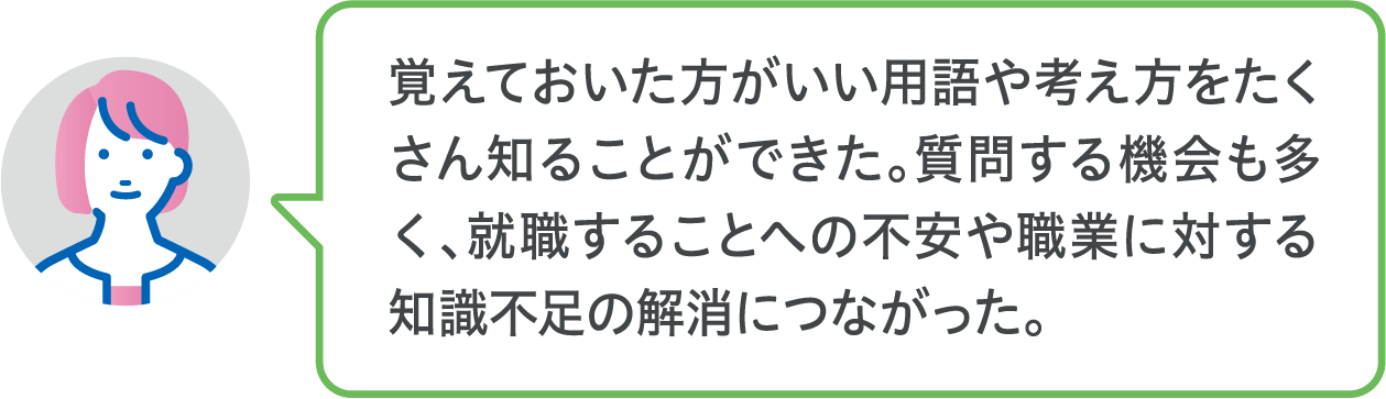 覚えておいた方がいい用語や考え方をたくさん知ることができた。質問する機会も多く、就職することへの不安や職業に対する知識不足の解消につながった。